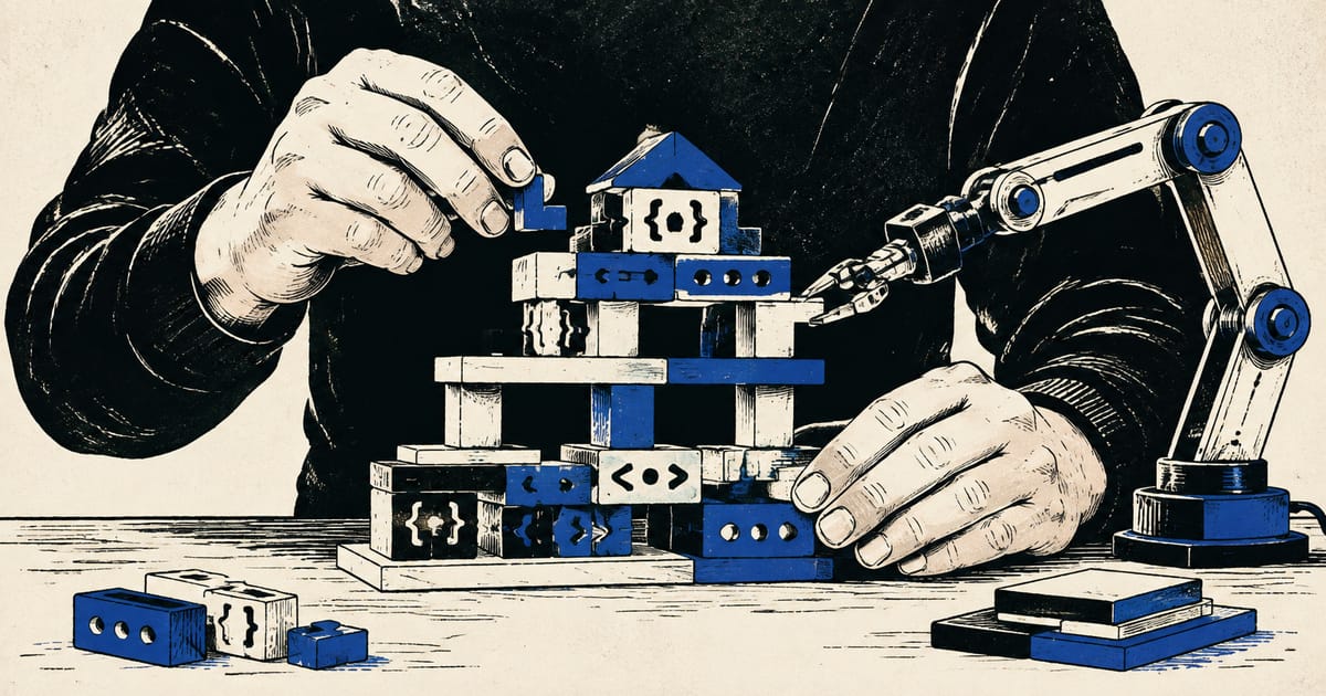 An engineer builds a structure of code blocks with help from a mechanical tool.