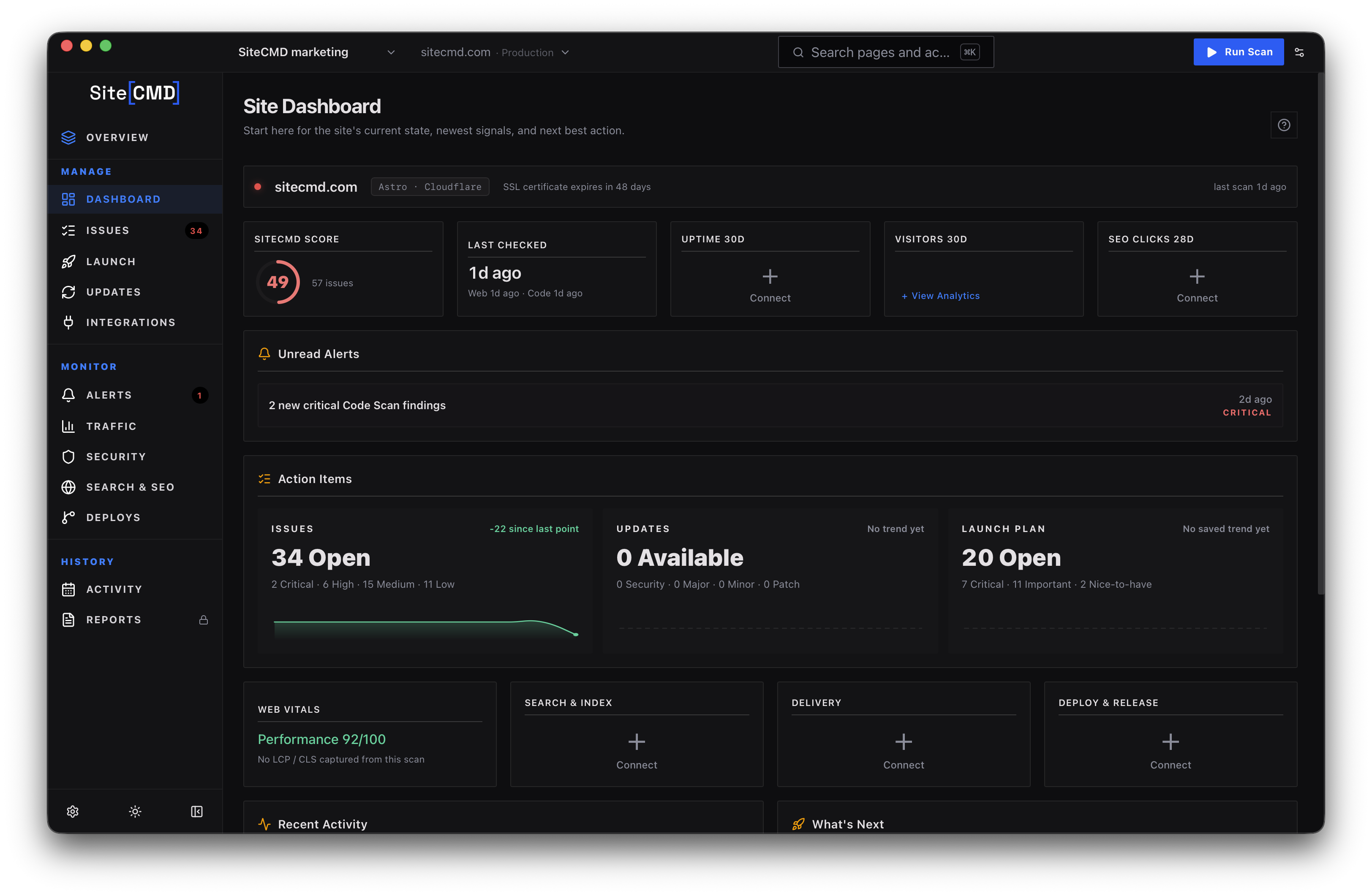 SiteCMD dashboard showing project health, action items, recent activity, analytics, and site stack context.