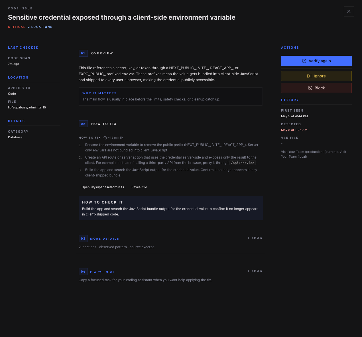 SiteCMD flagging an AI-introduced issue in a project's source code.