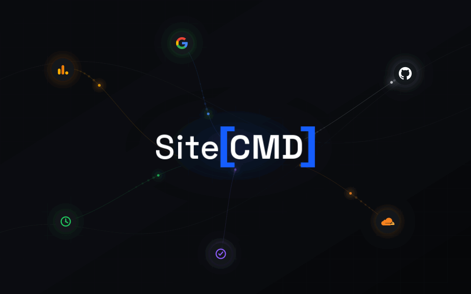 Google Analytics, Search Console, GitHub, Cloudflare, UptimeRobot, and Plausible signals flowing into the SiteCMD command center.