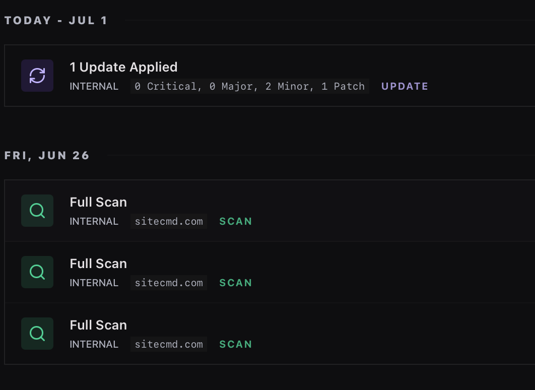 SiteCMD Activity view showing a unified feed of scans, deploys, and incidents.